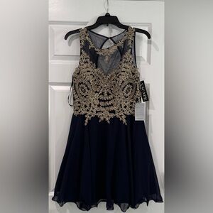 Xscape Midnight Blue Gown with Gold Detailing